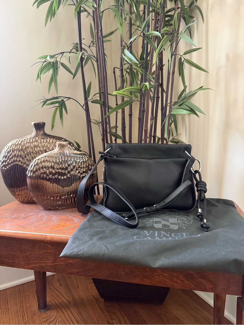Vince Black Pebbled Leather Crossbody with Knot Accent
